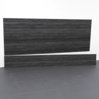 Highlighting the robust features of Milwaukee Slatwall’s 8ft Blackwood Laminated PVC, designed for dynamic garage storage solutions with its weather-resistant and durable qualities.