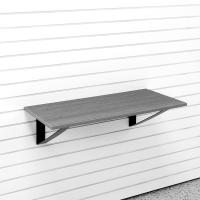 Wall mounted garage shelf with PVC laminate finish matching slatwall panels