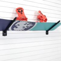 Snowboard mounted on MKE Slatwall with a 12″ Angled Hook Bracket.