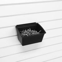 garage wall storage bins on slatwall system for organizing tools and supplies