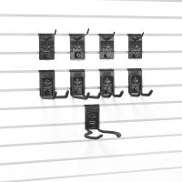 Milwaukee Slatwall's Small Hook Bundle: A comprehensive solution for streamlined garage organization, featuring 9 durable hooks with a secure lock system for easy repositioning.