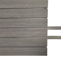 Barnwood laminate PVC slot inserts for enhancing slatwall panel connections and aesthetics.