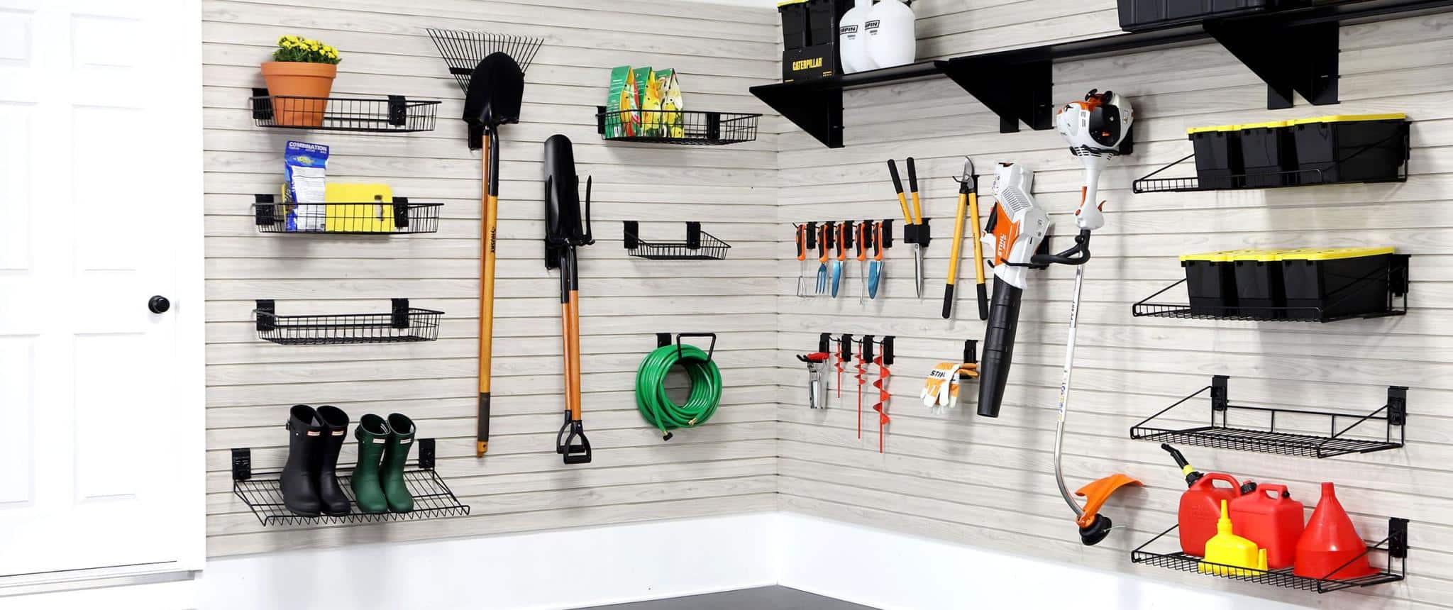MKE Slatwall laminated garage panels for fall cleanup storage solutions.