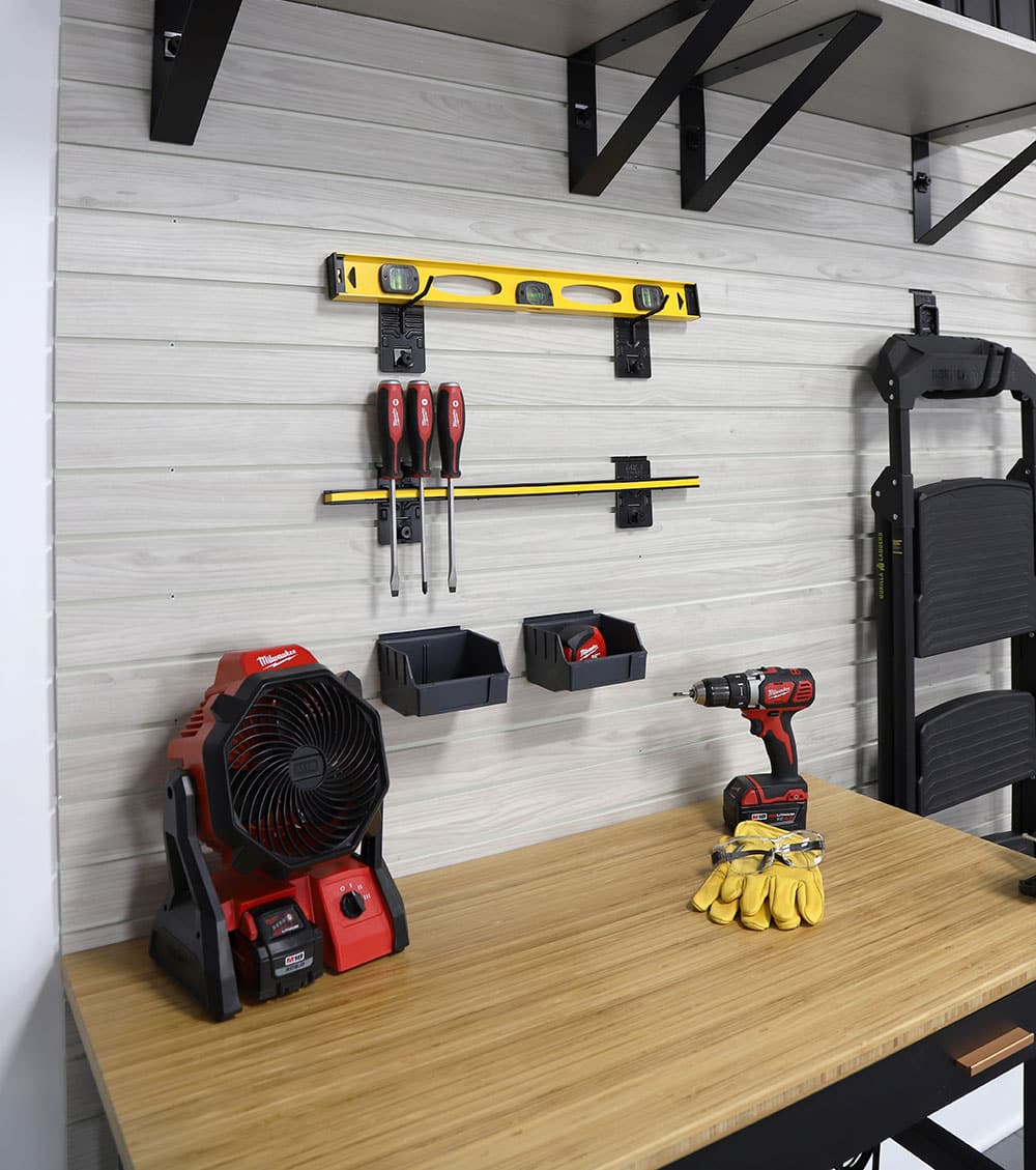 Organized DIY Workshop in Garage with MKE Slatwall Panels and Accessories