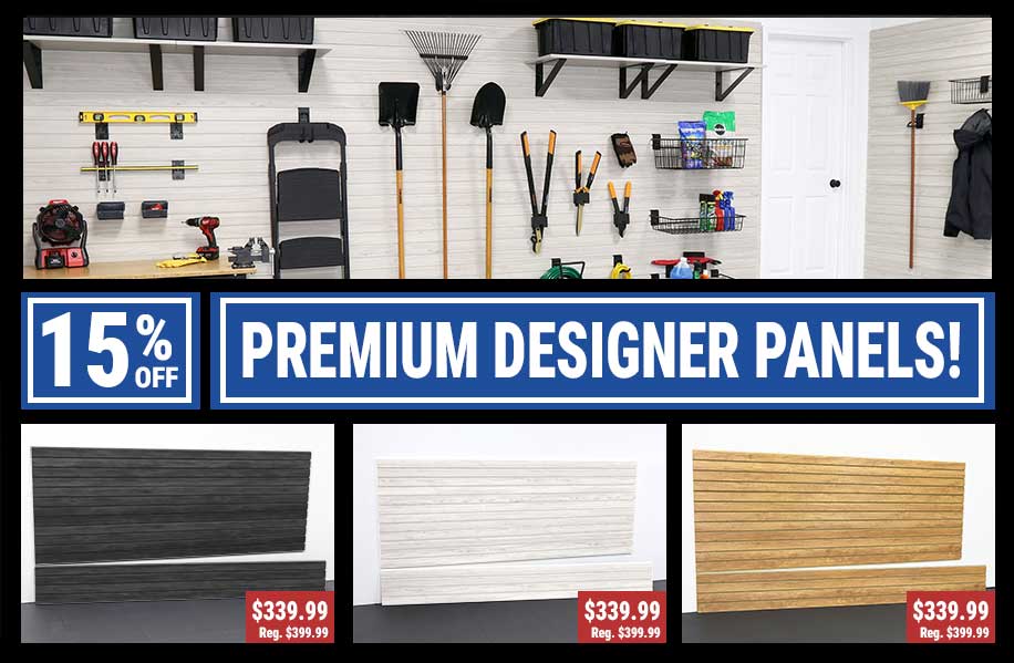 Garage slatwall Memorial Day promotion with heavy duty storage hooks and shelving systems