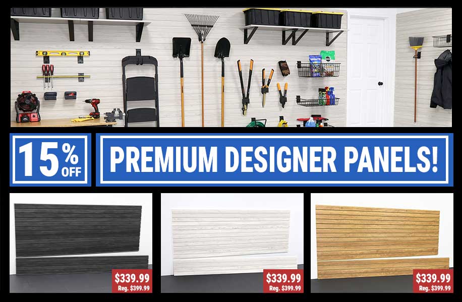 Close-up of laminated PVC slatwall panels with wood grain finish for garage storage
