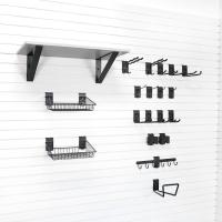 Rake and shovel storage with slatwall accessories for garages