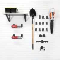 Large lawn and garden tool bundle with slat wall hooks and shelves