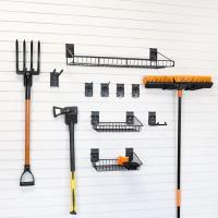Tool hooks and garden hose storage on a slatwall system