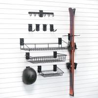 Ski hooks and baskets from Medium Ski Storage Bundle for ski rack garage setup