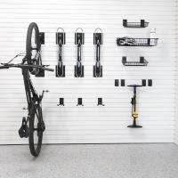 Garage setup with Steadyrack Mountain Bike racks and slatwall storage