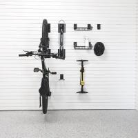 Slatwall-mounted baskets and hooks holding mountain biking gear