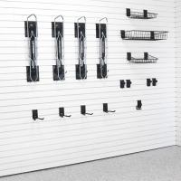 Garage storage shelves holding bike maintenance tools