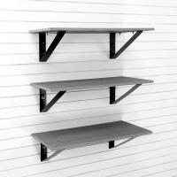 Three pack PVC laminate garage shelves with matching slatwall finish