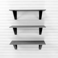 Wall mounted garage shelf three pack with PVC laminate slatwall finish
