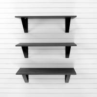 Modern garage shelving three pack with PVC laminate matched to slatwall