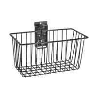 Open wire garage storage basket with slatwall mounting bracket