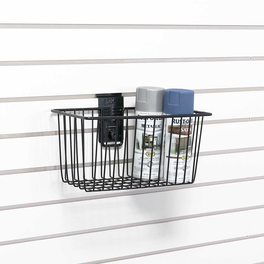 MKE-Slatwall—Caddy-Basket-3 Slatwall basket for cleaning supplies towels and small spray bottles