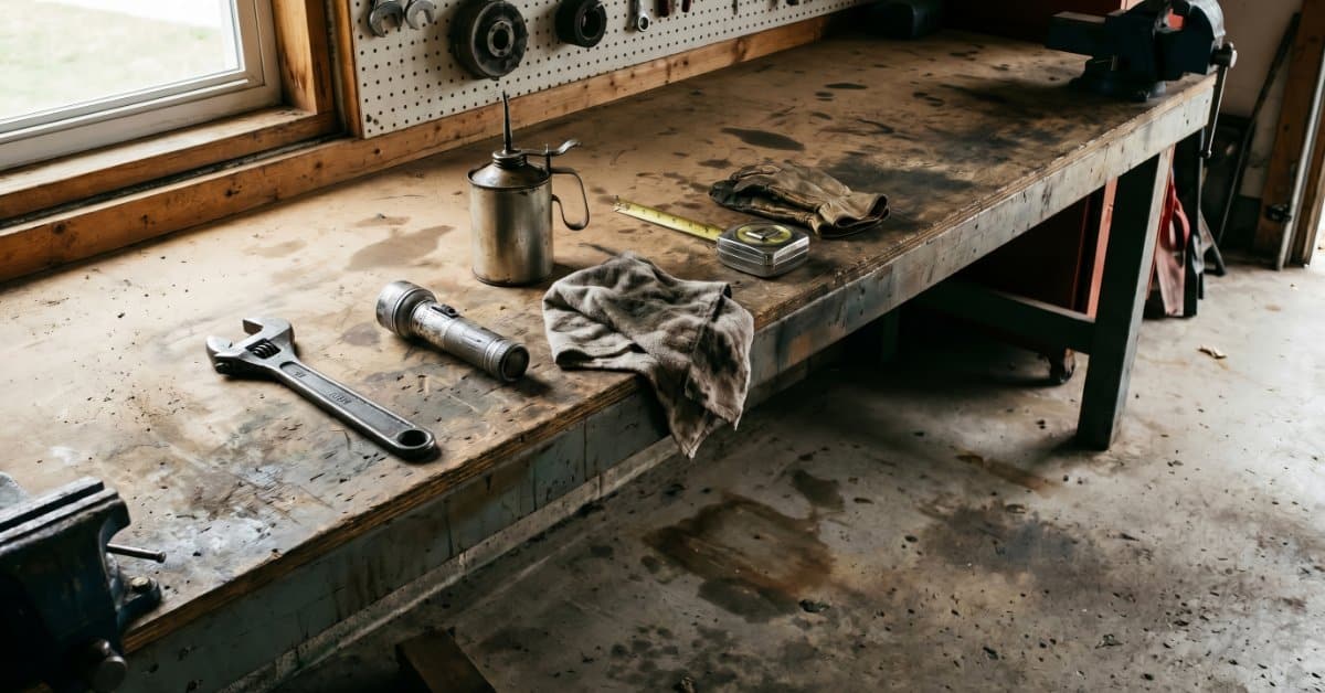 A workbench with only a few tools on the surface, such as a wrench, a flashlight, and an oil canister.